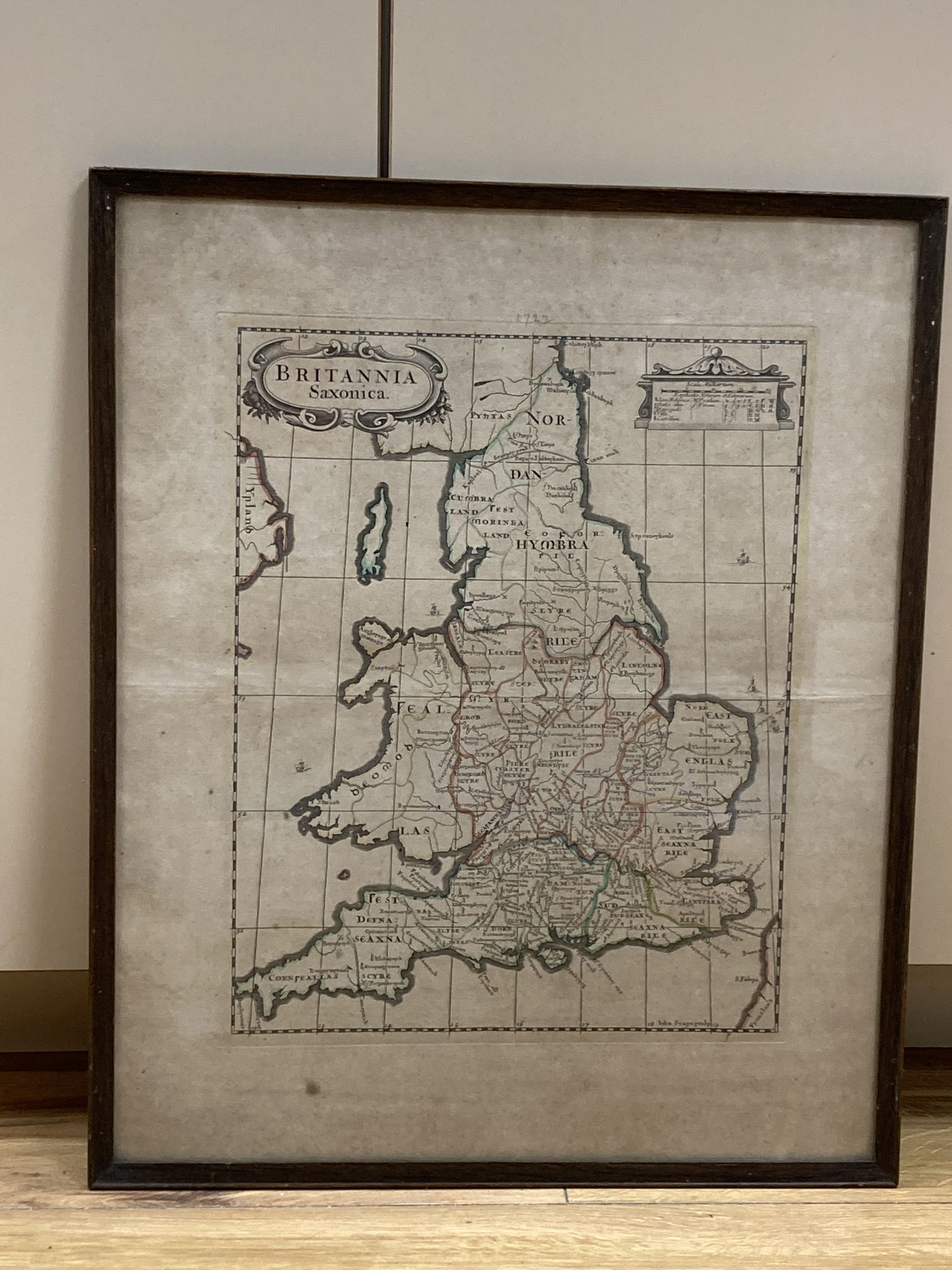 Robert Morden, a coloured engraved map Britannia Saxonica c.1722, overall 50.5 x 40.5cm